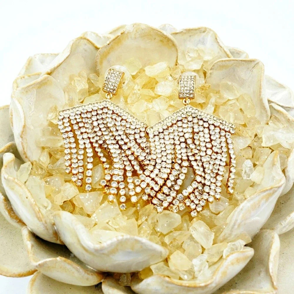 Sparkling Gold Waterfall Earrings • Trendy Pierced Strands of Rhinstones